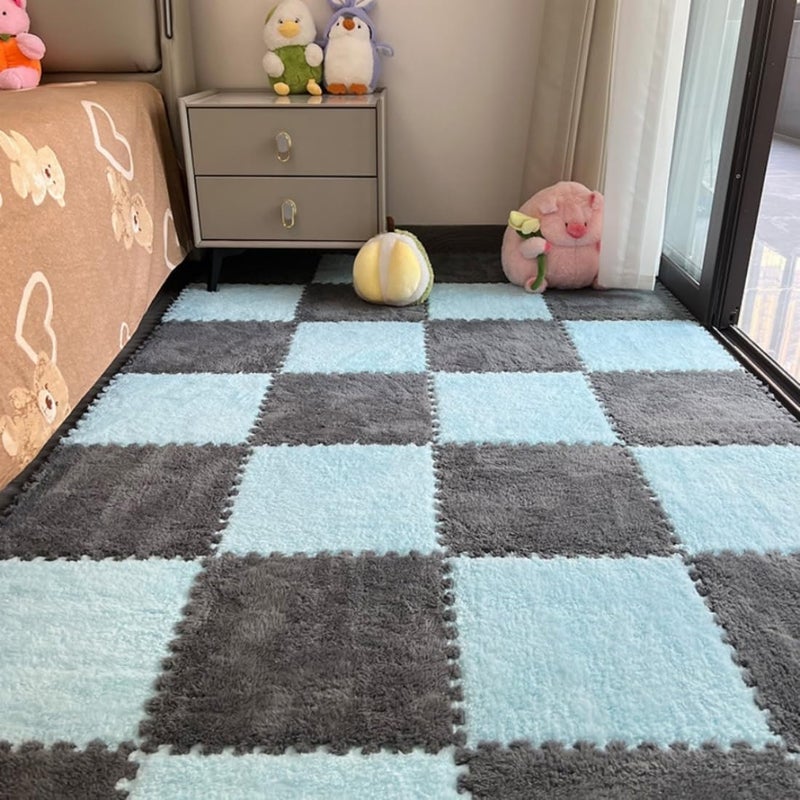 YISLEND 12Pcs Interlocking Carpet Tiles,12"x 12" Plush Interlocking Foam Carpet Tiles with Border,Fluffy Play Mat Floor Tiles Thick Padded Squares Foam Tiles for Playroom Decor (Light Blue+Grey) - Image 1